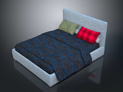Modern Bed with Light Gray Headboard Blue Black Checkered Comforter Green Red Plaid Pillows 3d model