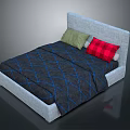 Modern Bed with Light Gray Headboard Blue Black Checkered Comforter Green Red Plaid Pillows