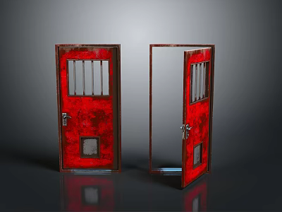 Two Red Doors With Metal Bars One Closed And One Open With Small Panel 3d model