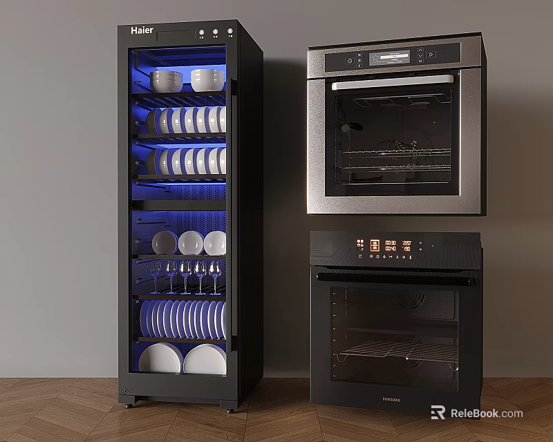 Haier Kitchen Appliances With Built In Ovens And Illuminated Storage Cabinet Holding Dishes And Cups 3d model 