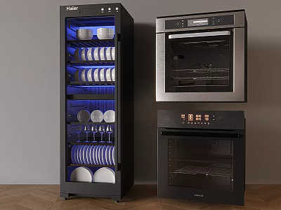 Haier Kitchen Appliances With Built In Ovens And Illuminated Storage Cabinet Holding Dishes And Cups 3d model