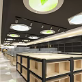 Modern Supermarket Interior With Spacious Layout Shelves And Geometric Ceiling Lighting 3d model