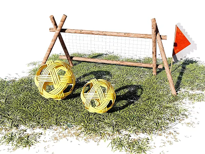 Outdoor Play Setup Featuring Two Yellow Woven Balls Wooden Soccer Goal Red Flag On Grass 3d model