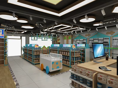 Baby Products Specialty Store with Shelves Product Displays Baby Cart Checkout Counter and Bright Lighting 3d model