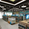 Baby Products Specialty Store with Shelves Product Displays Baby Cart Checkout Counter and Bright Lighting