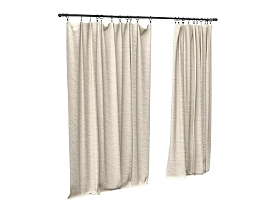 Beige Fabric Curtains With Textured Design Hanging On Black Metal Rod 3d model