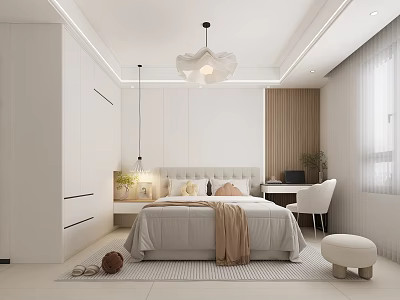 Modern Bedroom Interior Design With White Wardrobe And Beige Bedspread 3d model