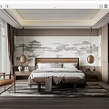 Chinese Style Bedroom Interior Design With Landscape Painting Backdrop Large Bed And Pendant Lights