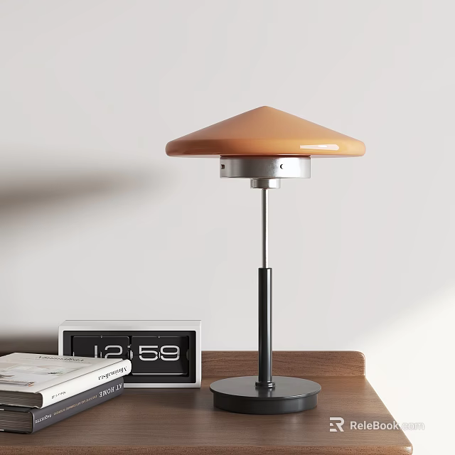 Modern Table Lamp with Orange Shade Black Stand on Wooden Desk with Clock and Books 3d model 