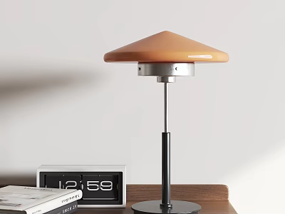 Modern Table Lamp with Orange Shade Black Stand on Wooden Desk with Clock and Books 3d model