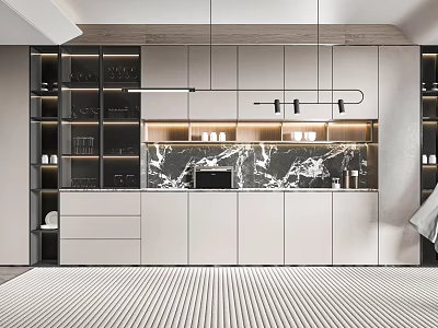 Modern Elegant Wine Cabinet With Glass Doors Marble Top And LED Lighting In Kitchen Interior 3d model