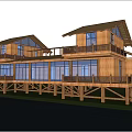 Rustic Two Story Wooden Guesthouse With Riverfront View Large Windows And Forest Surroundings
