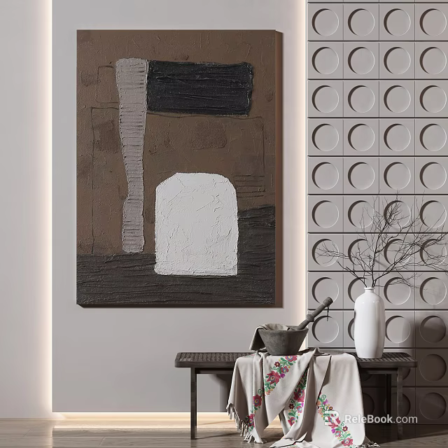 Interior Decor With Abstract Painting Circular Pattern Wall White Vase Branches On Small Table 3d model