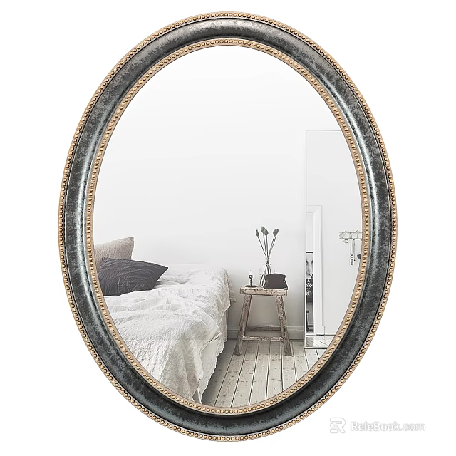 Oval Mirror With Gold And Black Frame Reflecting Bedroom Scene With Bedside Table And Vase 3d model 