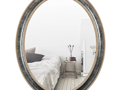 Oval Mirror With Gold And Black Frame Reflecting Bedroom Scene With Bedside Table And Vase 3d model