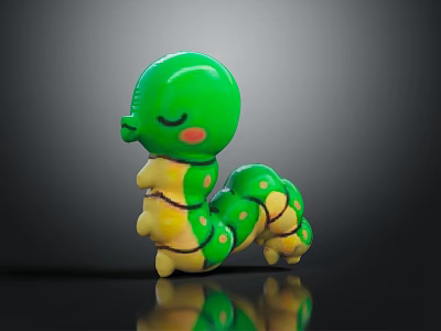 Green Caterpillar Toy Yellow Green Stripes Closed Eyes Pink Cheeks on Black Surface with Reflection 3d model