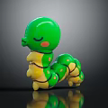 Green Caterpillar Toy Yellow Green Stripes Closed Eyes Pink Cheeks on Black Surface with Reflection