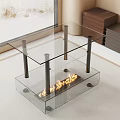 Modern Two Tiered Glass Top Coffee Table With Metal Legs And Fireplace Flames 3d model