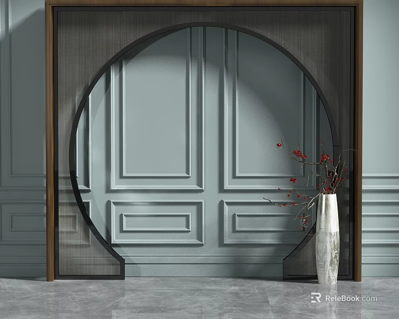 Circular Room Divider With Dark Frame Light Blue Wall Decorative Panels White Vase Red Branches 3d model 