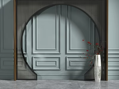 Circular Room Divider With Dark Frame Light Blue Wall Decorative Panels White Vase Red Branches 3d model