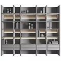 Modern Wooden Bookcase With Black Marble Shelves Books Decorative Items And Lighting