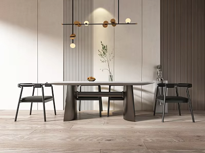Minimalist Dining Table Set With Black Chairs Hanging Lights Beige Wall And Wooden Flooring 3d model