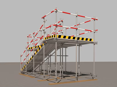 Industrial Scaffolding Structure With Red White Guardrails Yellow Black Striped Staircase And Metal Frame 3d model