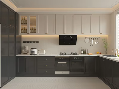 Modern Kitchen Interior With Gray And White Cabinets Built in Appliances And Countertop Lighting 3d model