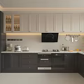 Modern Kitchen Interior With Gray And White Cabinets Built in Appliances And Countertop Lighting