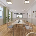 School Modern Learning Space With Bright Lighting Wooden Floors White Walls Green Curtains And Laptops