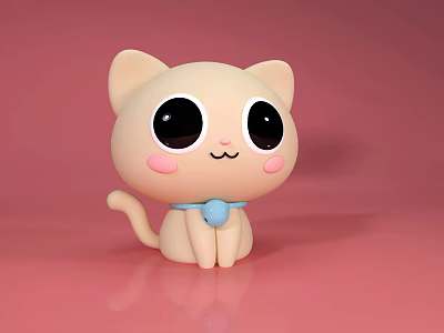 Cute Cat Shaped Decorative Ornament With Big Black Eyes Pink Cheeks And Blue Collar 3d model