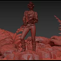 Brave Female Adventurer in Green Vest Holding Axe Among Fern Plants and Forest Creatures