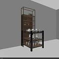 Multi tiered Metal and Wood Display Shelf with Bottles Plates and Cups