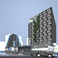 Modern Office Building With Glass Facade Geometric Design And Vertical Greenery Near Pedestrians Trees
