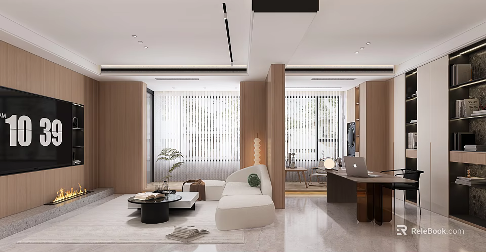 Modern Open Living Dining Room Interior With Sofa Coffee Table And Natural Light 3d model