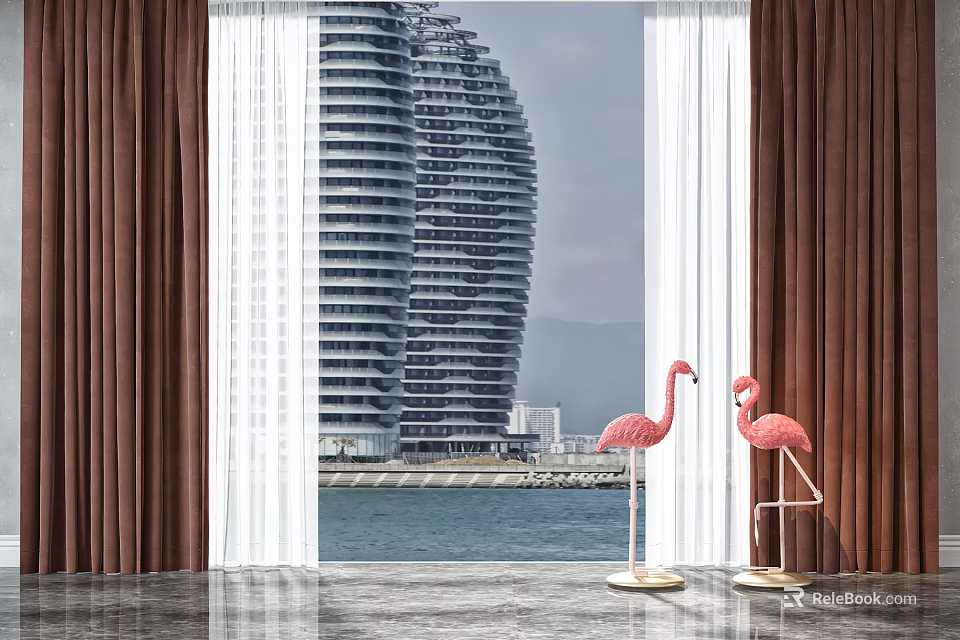 Brown And White Sheer Curtains With Modern Tall Buildings Water View And Pink Flamingo Decorations 3d model 