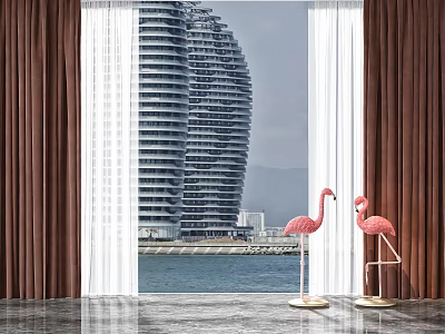 Brown And White Sheer Curtains With Modern Tall Buildings Water View And Pink Flamingo Decorations 3d model