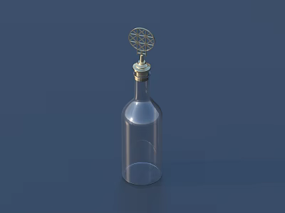 Elegant Transparent Glass Wine Bottle With Golden Ornamental Cap On Dark Blue Background 3d model