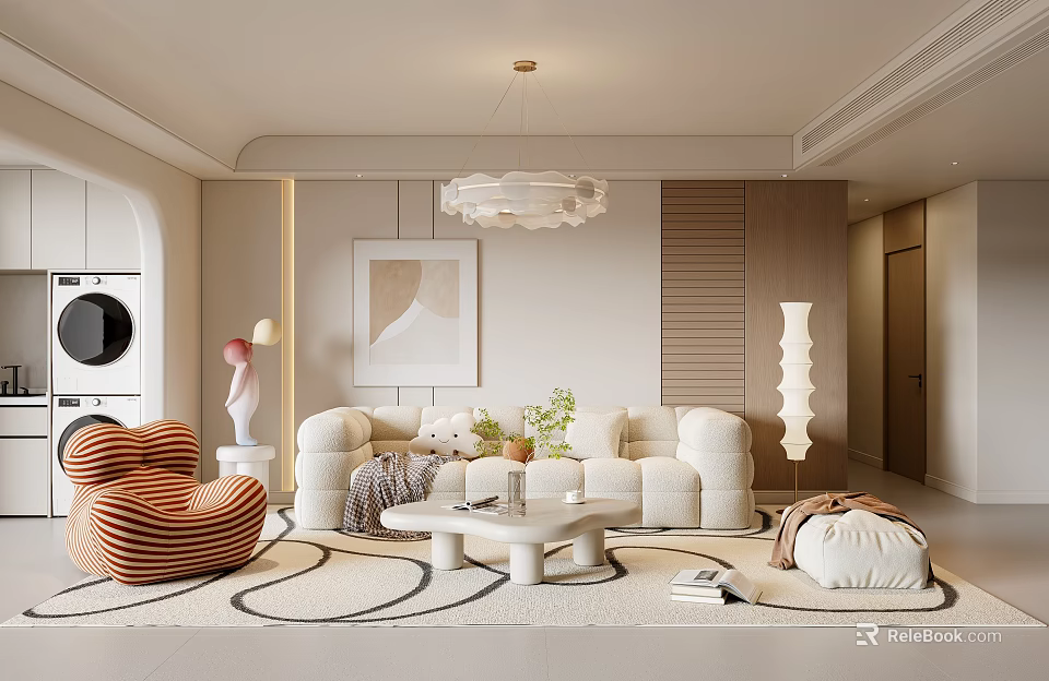 Modern Minimalist Living Room Interior With White Sofa Round Coffee Table And Chandelier 3d model 