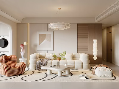 Modern Minimalist Living Room Interior With White Sofa Round Coffee Table And Chandelier 3d model