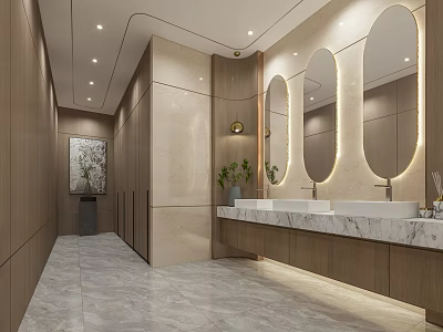 Modern Public Restroom Interior Design With Sleek Washbasins And Illuminated Mirrors 3d model