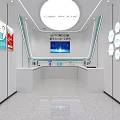 Modern Style Exhibition Hall Interior With White Walls Circular Lighting Service Desk And Hexagonal Panels