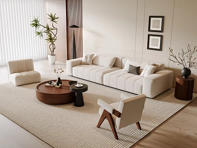 Modern Living Room Interior With Sofa and Coffee Table Set Accent Chairs Rug and Plants 3d model