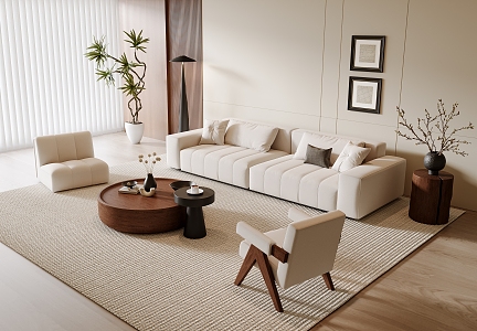 Modern Sofa Coffee Table Combination Leisure Chair Hanging Painting Green Plant 3d model