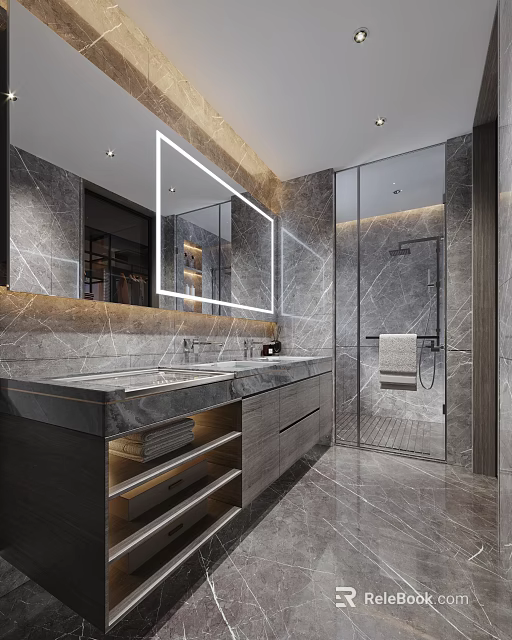 Modern Bathroom Interior With Marble Walls Large Mirror Double Vanities And Glass Shower 3d model 