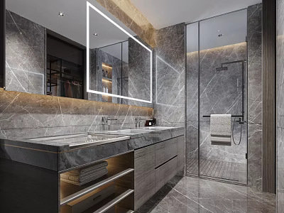 Modern Bathroom Interior With Marble Walls Large Mirror Double Vanities And Glass Shower 3d model