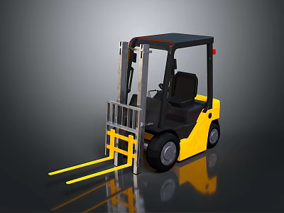 Yellow Forklift Truck With Black Cab And Front Forks On Reflective Surface 3d model