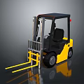 Yellow Forklift Truck With Black Cab And Front Forks On Reflective Surface