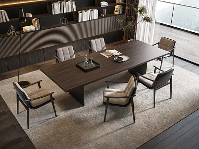 Modern Rectangular Dining Table Set with Six Upholstered Chairs and Bookshelf in Bright Room 3d model