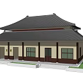 Traditional Chinese Building with Two Story Black Tile Roof Yellow Pillars White Walls and Steps